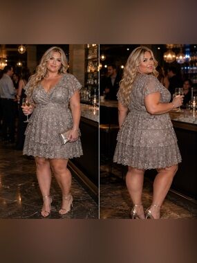 Avenue Gold Plus Size 16 Taupe Sequin Lace Cocktail Dress Tiered Party NWT